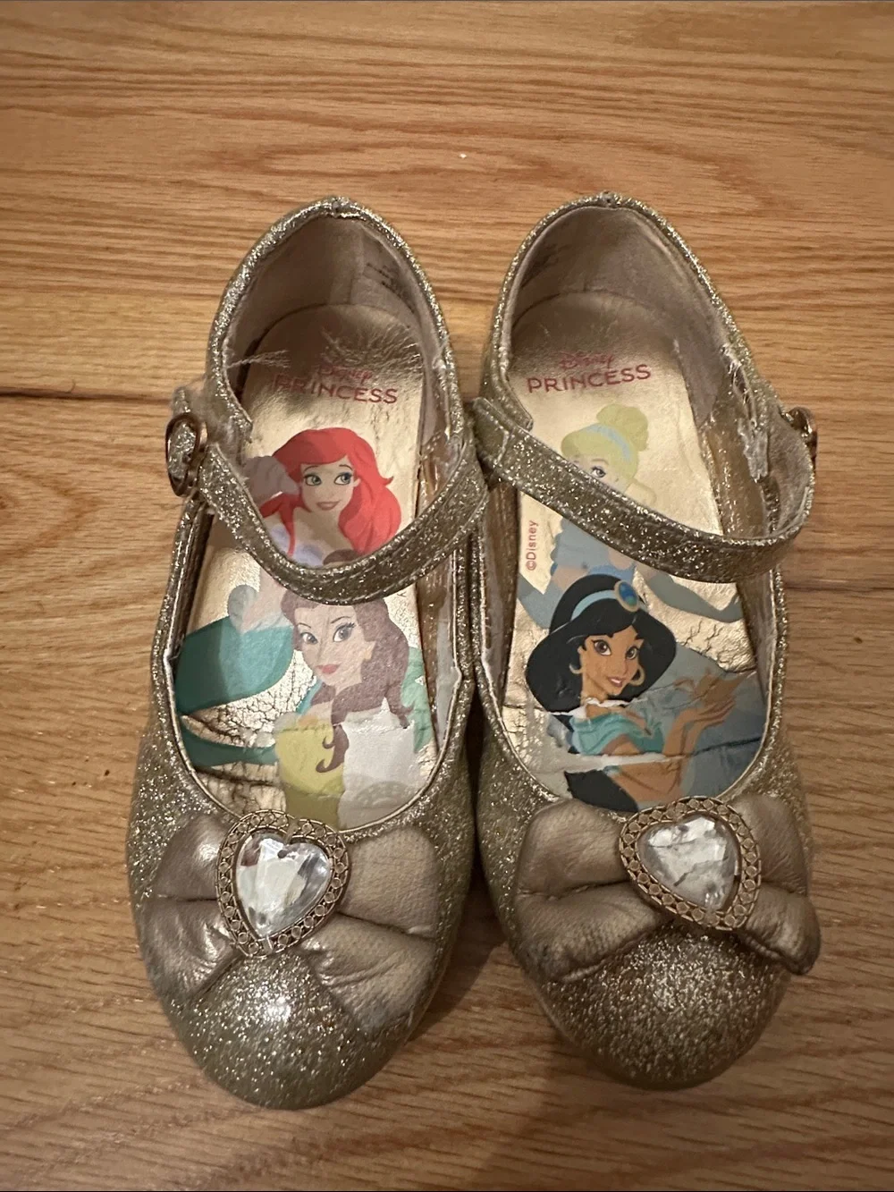 Disney Gold Glitter Princess Mary Jane Shoes with Heart Gem